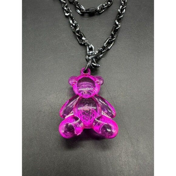 Acrylic Cable Link Chain Fuchsia Pink Bear Pendant Necklace   18” Long Black - Picture 4 of 9